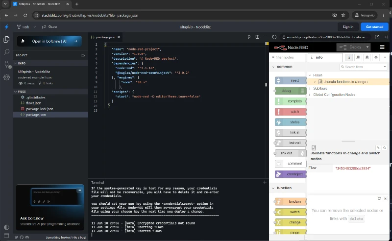 Screenshot of Node-RED running in a WebContainer inside a web browser